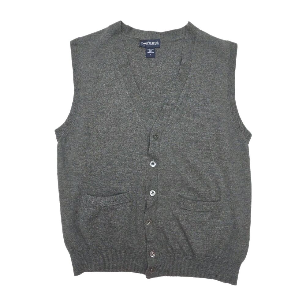 Paul Frederick Sweater Vest Merino Wool Button Gray Men Sz XL Pockets Button
